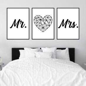 Kit 3 Quadros Decorativos Mr And Mrs Coração 34x23cm