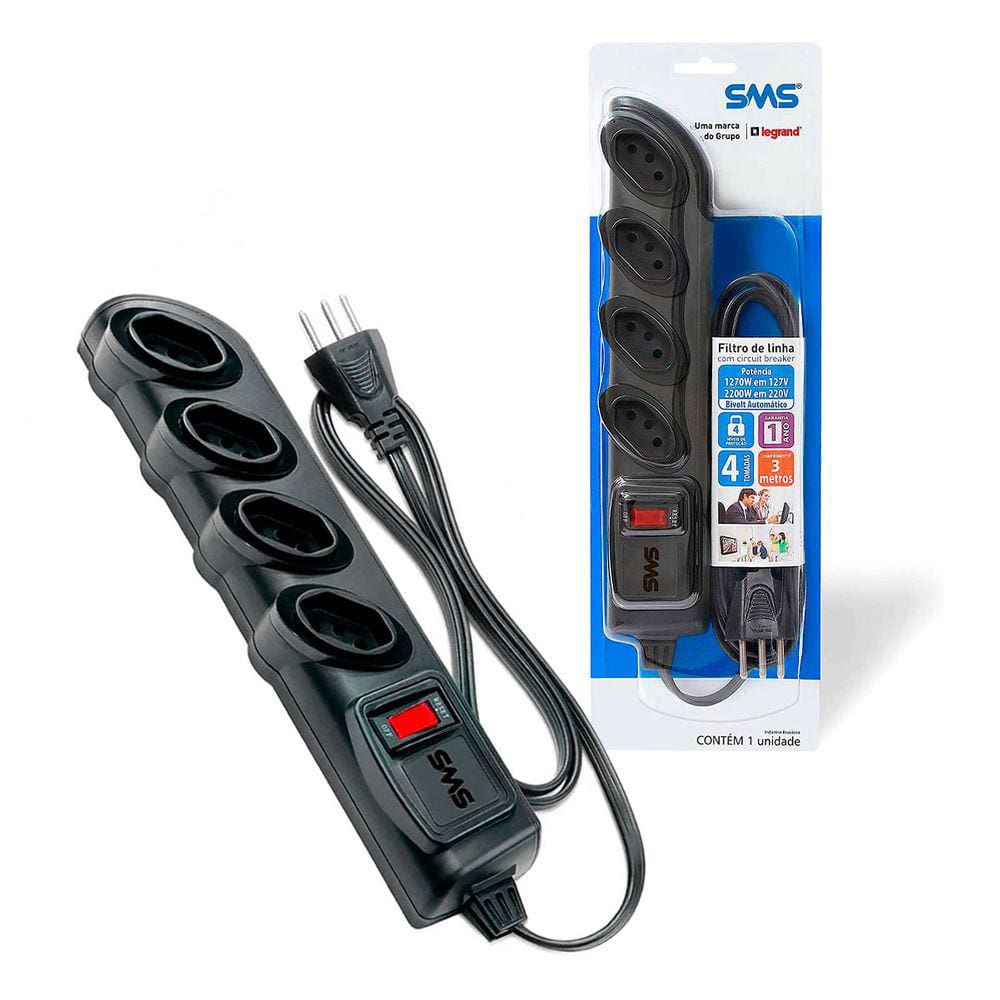 Filtro de Linha SMS, Bivolt Automático, 4 Tomadas, 3m - 62329