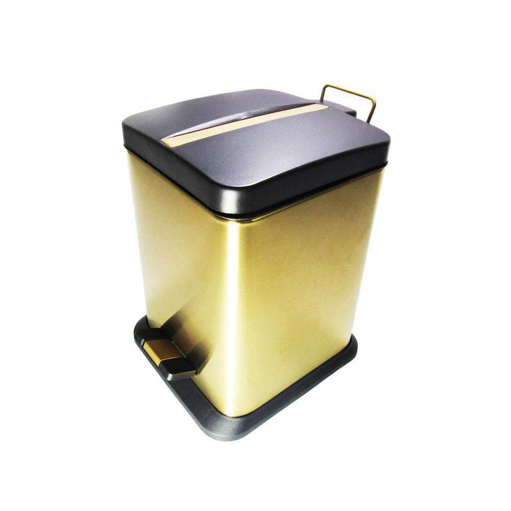 Lixeira Quadrada Dourada E Preta Em Aço Inox Com Pedal 6L