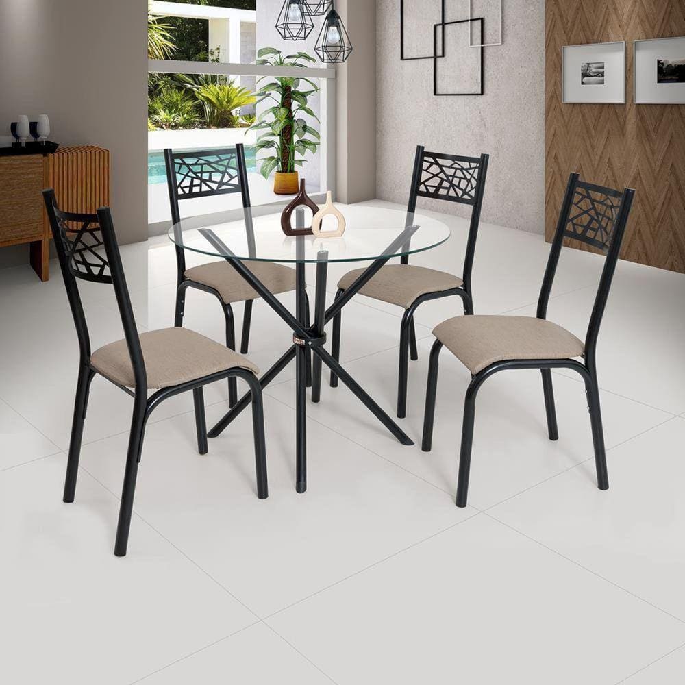 Conjunto Sala de Jantar Mesa Jade 90cm Tampo Vidrocom 4 Cadeiras Ciplafe Preto/Linho Bege
