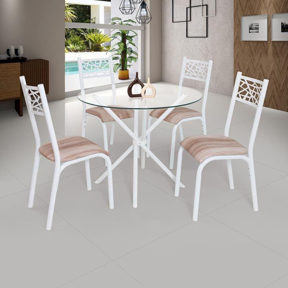 Conjunto Sala de Jantar Mesa Jade 90cm Tampo Vidrocom 4 Cadeiras Ciplafe Branco/Capuccino