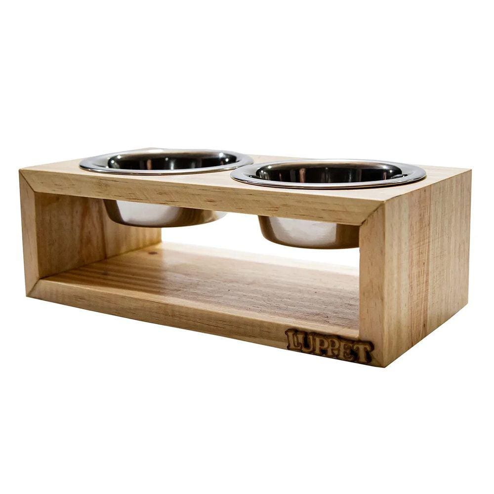 Comedouro Duplo De Madeira Com Potes Inox Cães E Gatos Natural Luppet