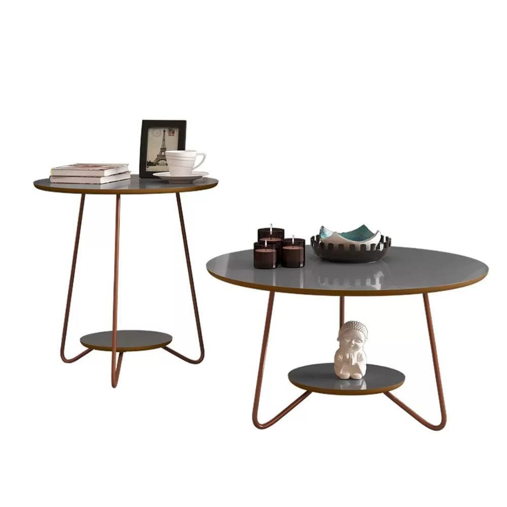 Conjunto Mesa Centro e Apoio Liz Jogo 2 Mesinhas Redondas Decoração Sala Estar Recepção Modelo Industrial - Cinza/Freijó - RPM Móveis