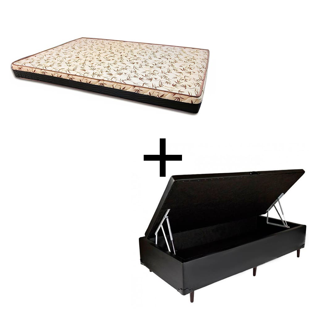 Cama Box Baú Solteiro 88 Tecido Sintético Preto Com Colchão Praia Bello Box - D28 Amarelo 58x88x188