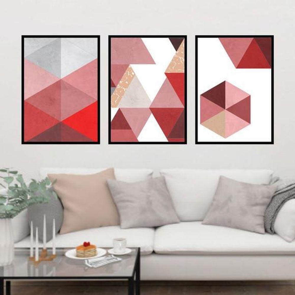 Kit Quadro Decorativo Geométrico Vermelho 45x34cm 3 Peças