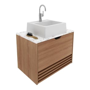 Gabinete Banheiro 1 Porta 1 Gaveta 60Cm Suspenso Multimóveis Vcr10091 Amêndoa/Amêndoa/Mármore Branco