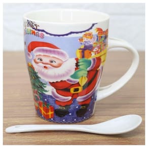 Caneca De Natal Natalina Com Colher Papai Noel Cerâmica 300ml