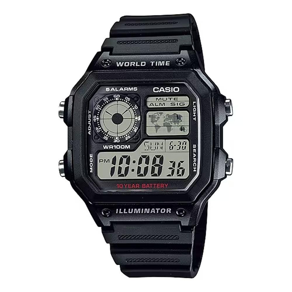 Relógio de Pulso Casio Masculino Digital Esportivo Prova D Água 100M World Time 5 Alarmes Cronógrafo Preto AE-1200WH-1AVDF