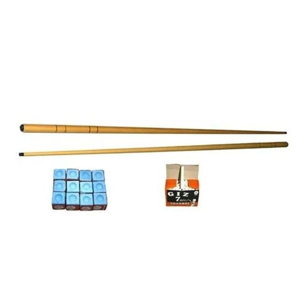 Kit 2 Taco 1,20m + 1 Dz Giz Azul E 1 Cx Branco Sinuca Bilhar