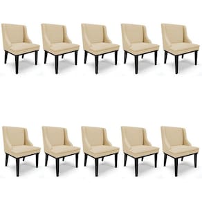 Kit 10 Cadeiras Estofadas Para Sala De Jantar Base Fixa De Madeira Preto Lia Veludo Luxo Off White