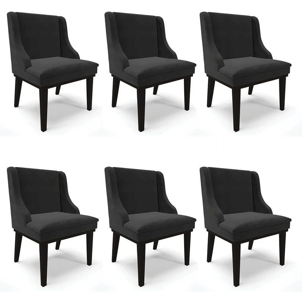 Kit 6 Cadeiras Estofadas Para Sala De Jantar Base Fixa De Madeira Preto Lia Veludo Preto - Ibiza