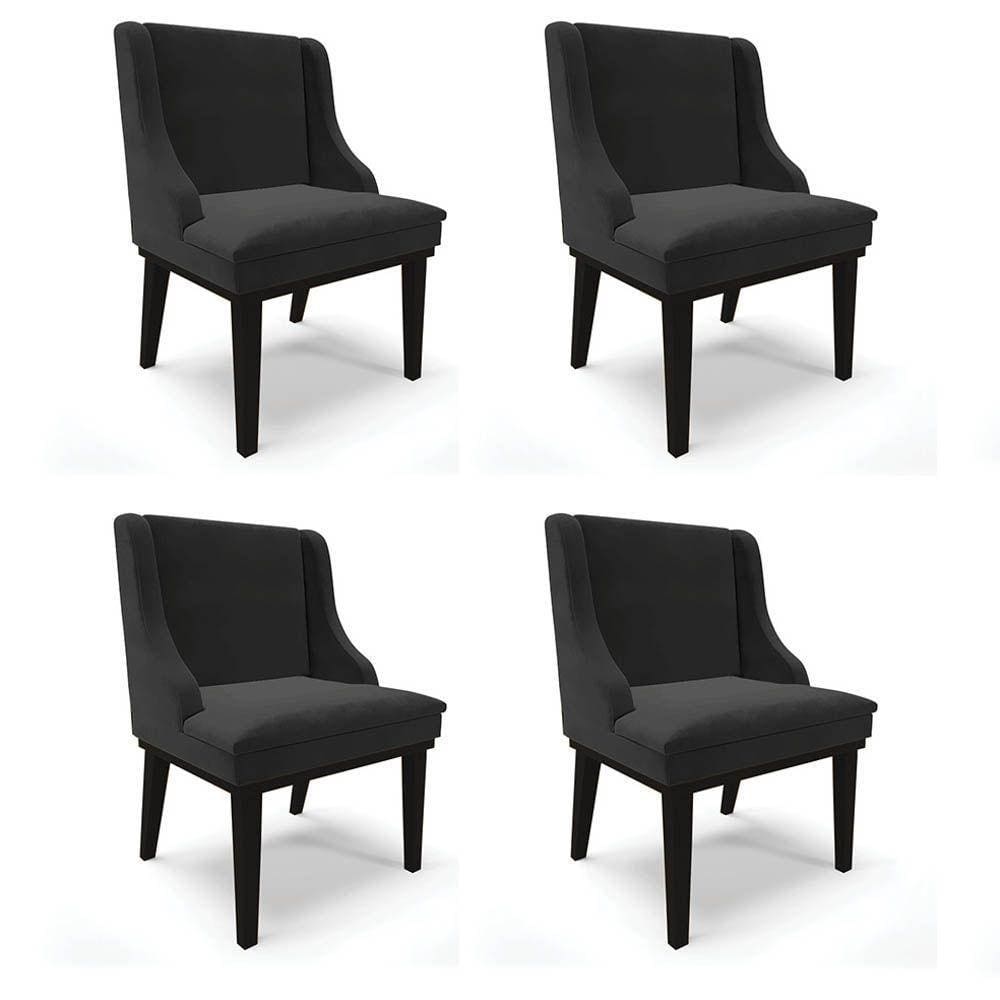 Kit 4 Cadeiras Estofadas Para Sala De Jantar Base Fixa De Madeira Preto Lia Veludo Preto - Ibiza