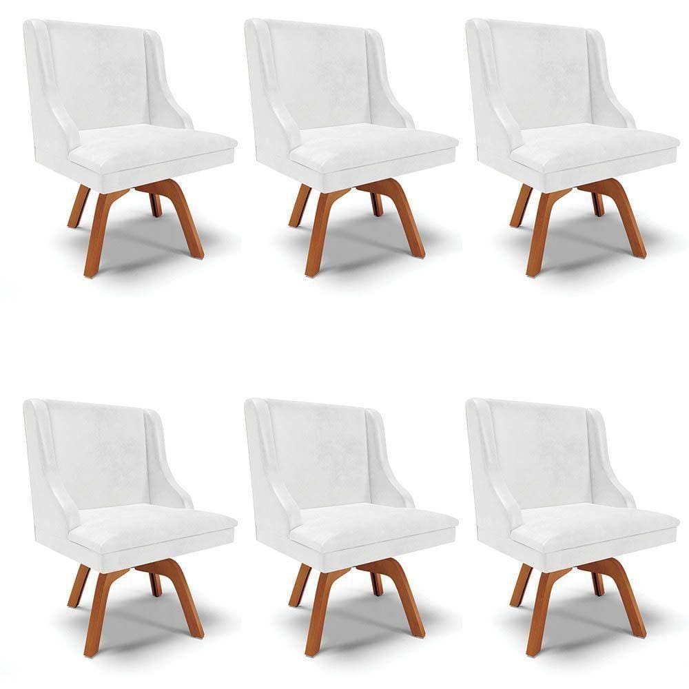 Kit 6 Cadeiras Estofadas Base Giratória De Madeira Lia Sintético Premium Branco - Ibiza