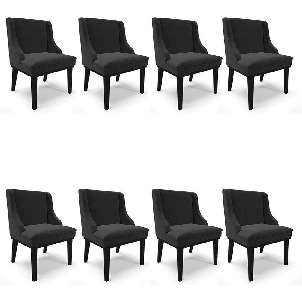 Kit 8 Cadeiras Estofadas Para Sala De Jantar Base Fixa De Madeira Preto Lia Veludo Preto - Ibiza