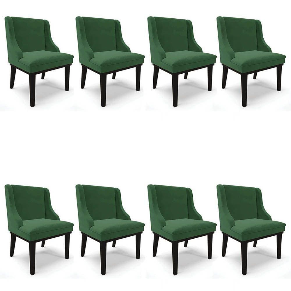 Kit 8 Cadeiras Estofadas Para Sala De Jantar Base Fixa De Madeira Preto Lia Veludo Verde - Ibiza