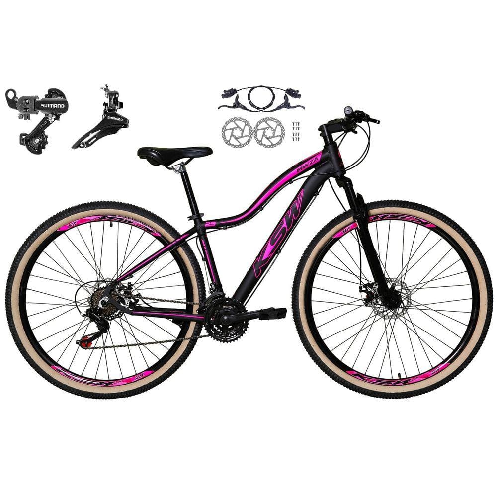 Bicicleta Feminina aro 29 Ksw Mwza 24v Câmbios Shimano Freios Hidráulicos Garfo com Suspensão Pneu Faixa Bege - Preto/Rosa
