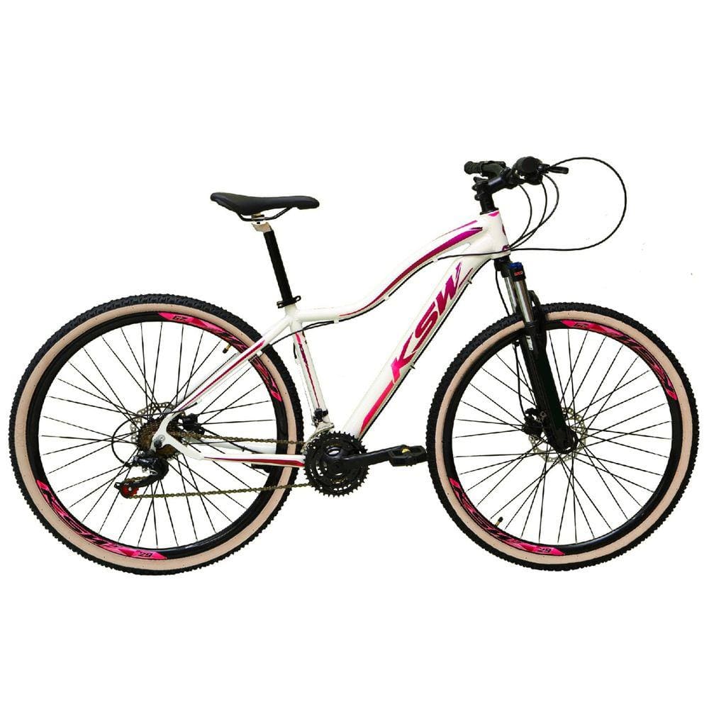 Bicicleta Aro 29 Ksw Mwza 24v K7 Câmbios Shimano Freio Hidráulico Garfo com Trava Pneu Faixa Bege - Branco/Pink/Violeta