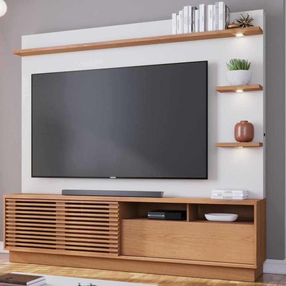 Rack Com Painel Para TV até 70 Polegadas Home Theater Ripado Luz LED Marrom Madeira Off White Matte - Marrom