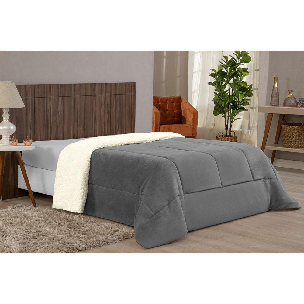 Coberdrom Queen Sherpa E Manta Soft Dupla Face Cinza Claro