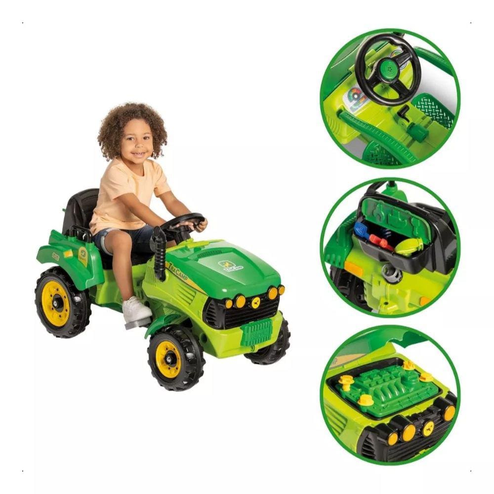 Quadriciclo trator com empurrador e pedal Verde Tracamp Calesita Verde com ferramentas