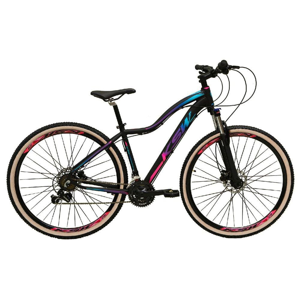 Bicicleta Aro 29 Ksw Mwza 24v K7 Câmbios Shimano Freio Hidráulico Garfo com Trava Pneu Faixa Bege - Preto/Pink/Azul