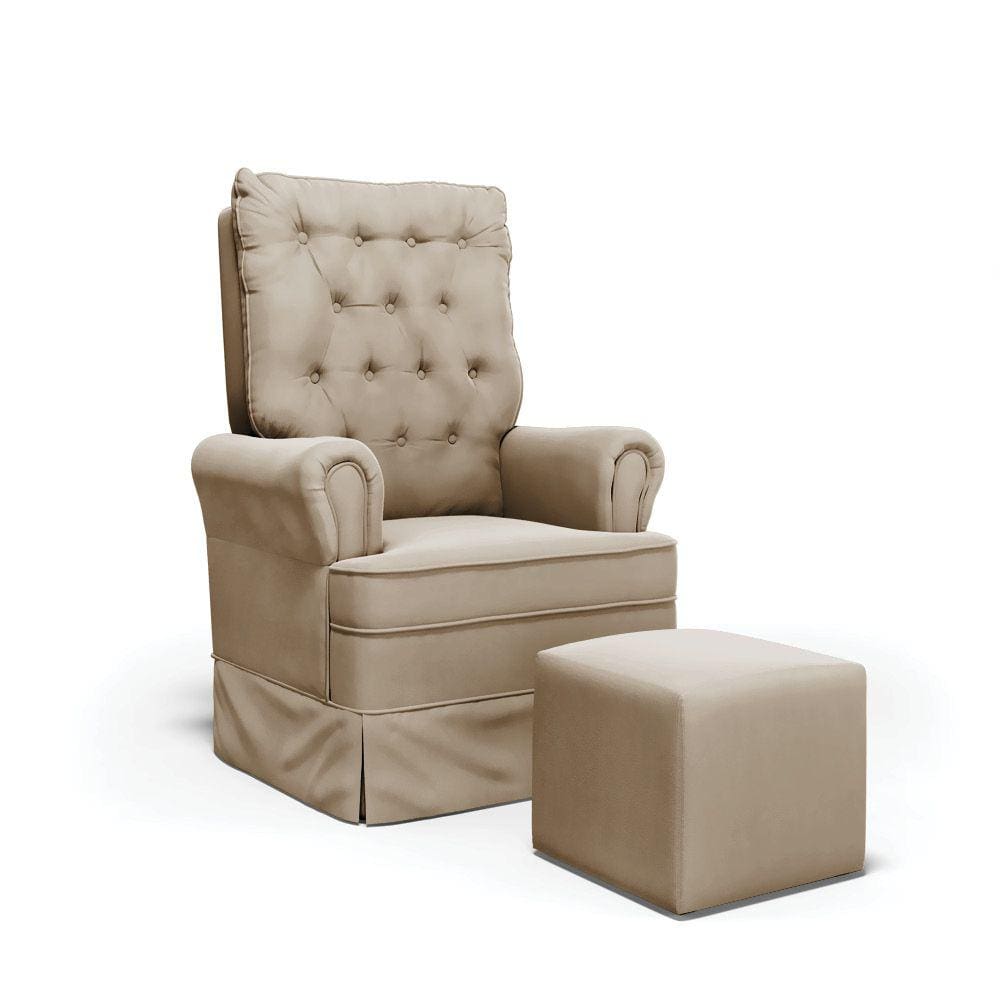 Poltrona de Amamentação com Balanço e Puff Laura Veludo Marrom TB302 Base de Madeira - D`Rossi