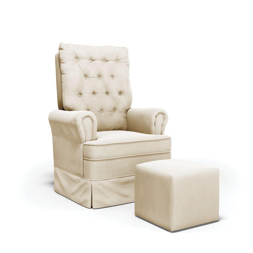 Poltrona de Amamentação com Balanço e Puff Laura Veludo Bege COR404 Base de Madeira - D`Rossi