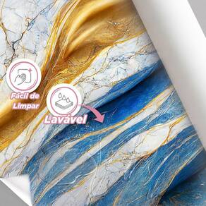 Papel De Parede Painel 3D Mármore Branco Azul Dourado 2,5M