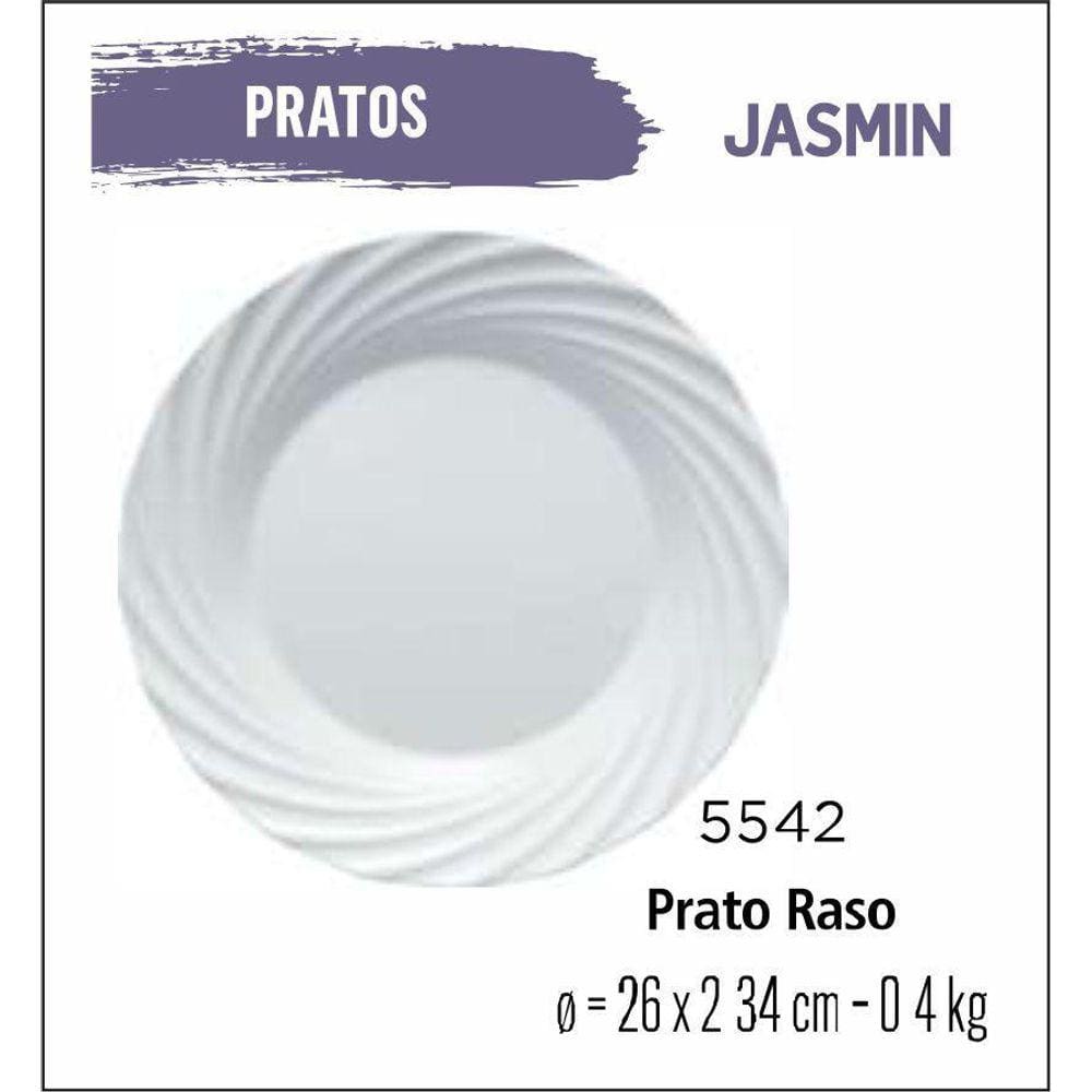 Jogo 12 Pratos Jasmin Raso Jantar - Almoço - 25Cm Branco