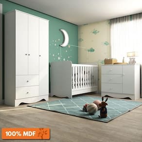 Quarto de Bebê Completo C/ Guarda Roupa 3 Portas Cômoda Berço Americano 3 em 1 Ben Plus Móveis Peroba Branco Brilho