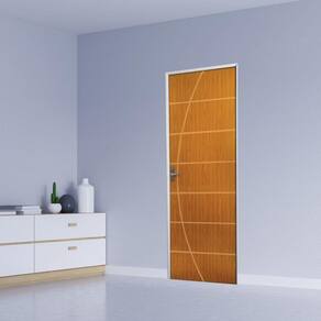 KIt Porta de Madeira Decorada 215x65cm com Batente de Aço 06cm Neblina MGM Mogno