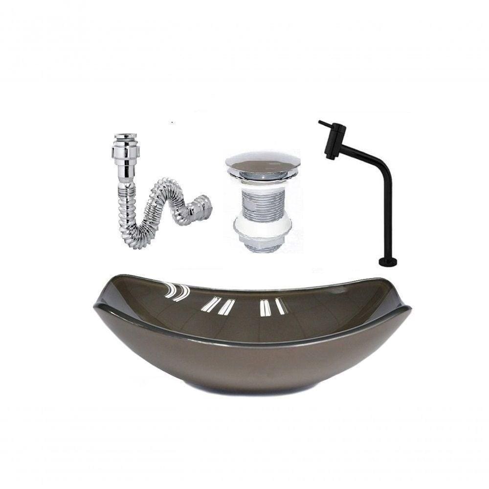 Cuba De Vidro Oval Chanfrada 46Cm Marrom + Valvula + Torneira Metal Preta + Sifao