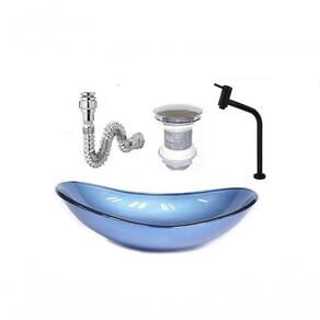 Cuba De Vidro Oval 47Cm Azul + Valvula + Torneira Preta + Sifao