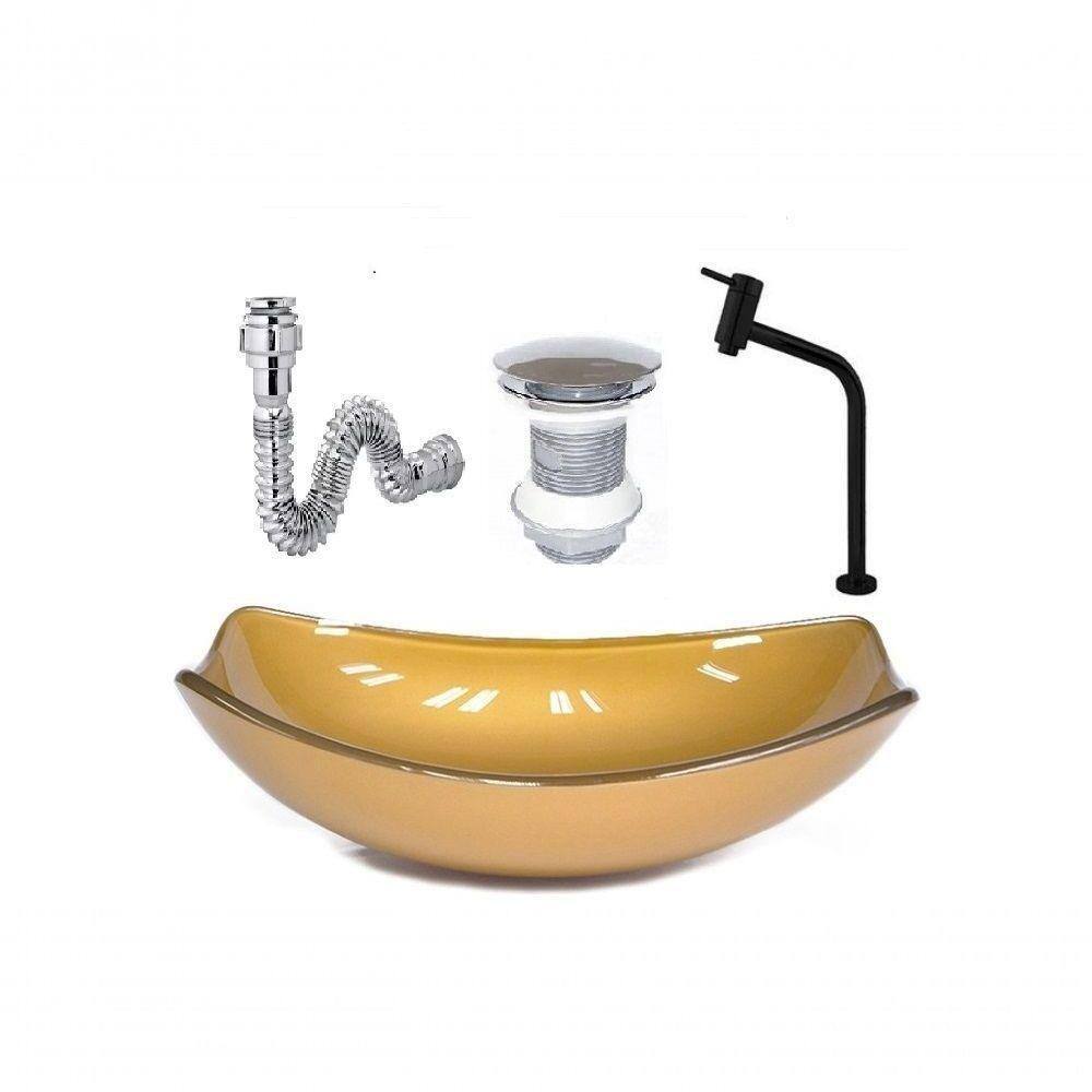 Cuba De Vidro Oval Chanfrada 46Cm Dourado Real + Valvula + Torneira Metal Preta + Sifao