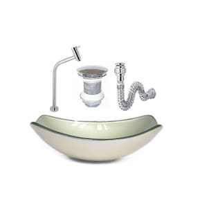 Cuba De Vidro Oval Chanfrada 46Cm Champanhe + Valvula + Torneira + Sifao