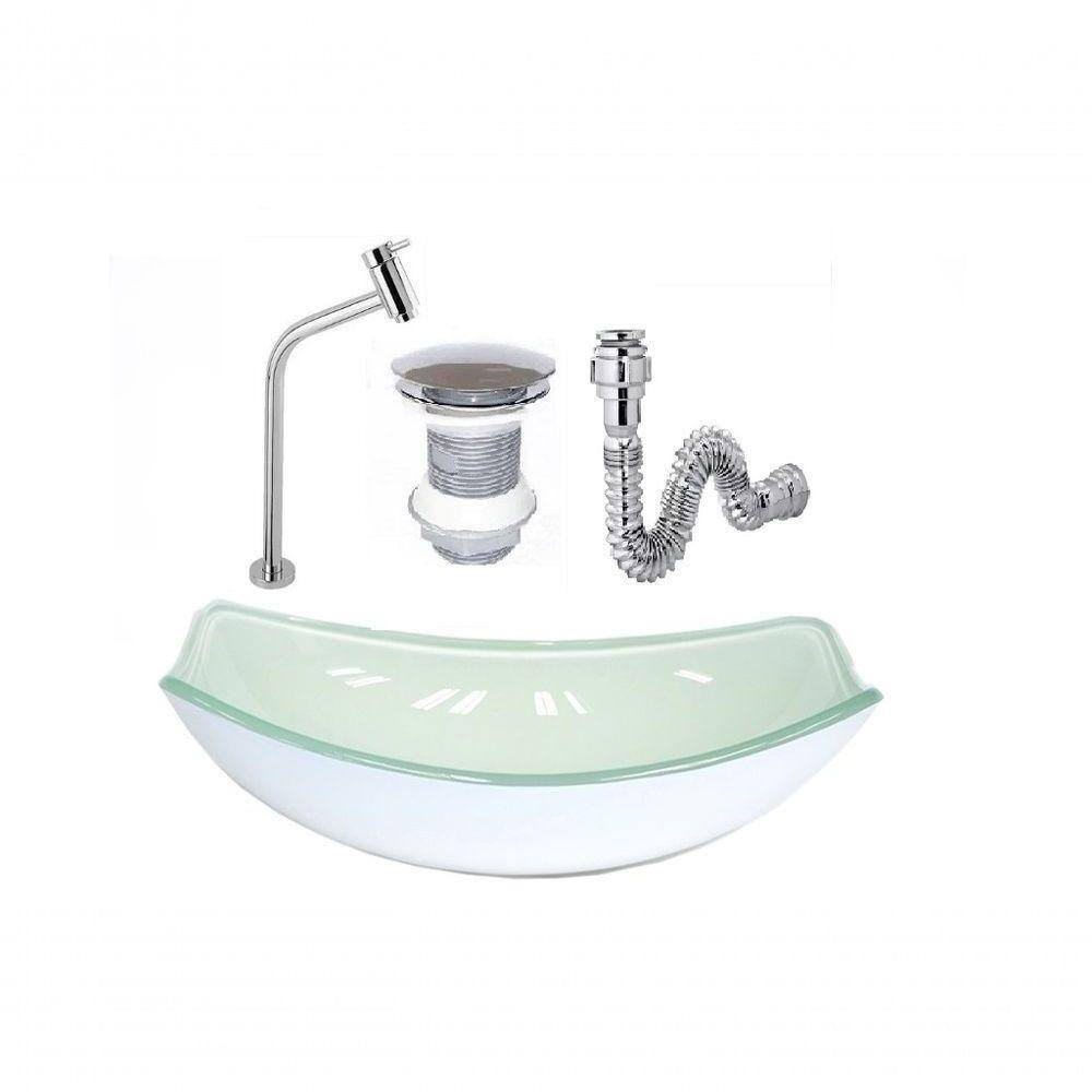 Cuba De Vidro Oval Chanfrada 46Cm Branca + Valvula + Torneira + Sifao
