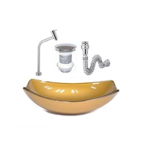 Cuba De Vidro Oval Chanfrada 46Cm Dourado Real + Valvula + Torneira + Sifao