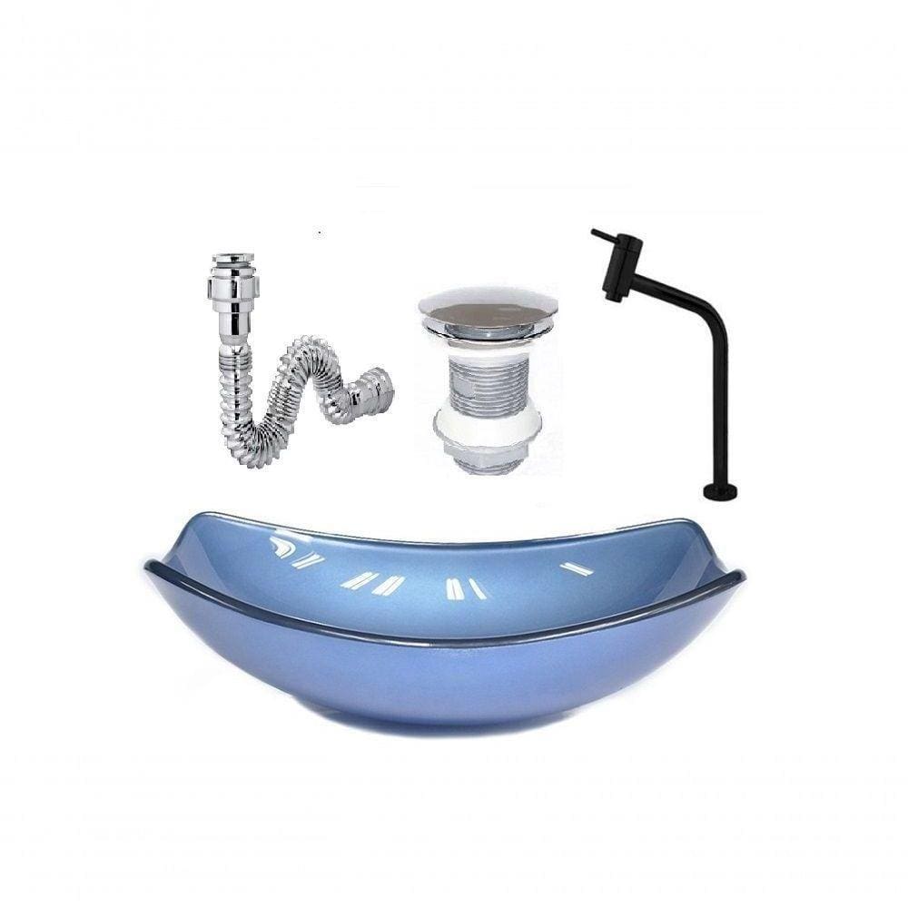 Cuba De Vidro Oval Chanfrada 46Cm Azul + Valvula + Torneira Metal Preta + Sifao