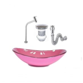 Cuba De Vidro Oval 47Cm Rosa + Válvula Click + Torneira De Metal + Sifao