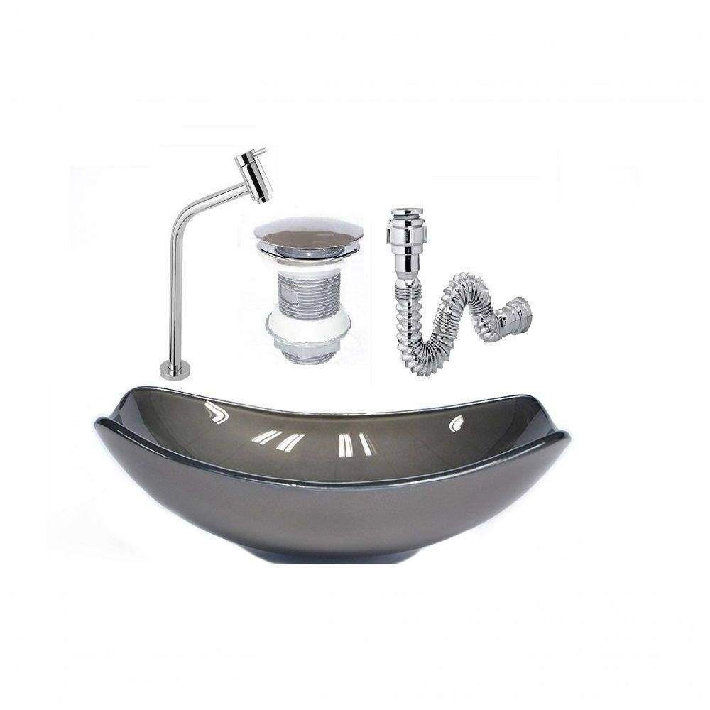 Cuba De Vidro Oval Chanfrada 46Cm Grafite + Valvula + Torneira + Sifao