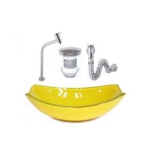 Cuba De Vidro Oval Chanfrada 46Cm Amarela + Valvula + Torneira + Sifao