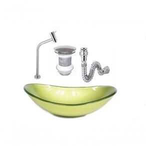 Cuba De Vidro Oval 47Cm Verde Oliva + Válvula Click + Torneira De Metal + Sifao