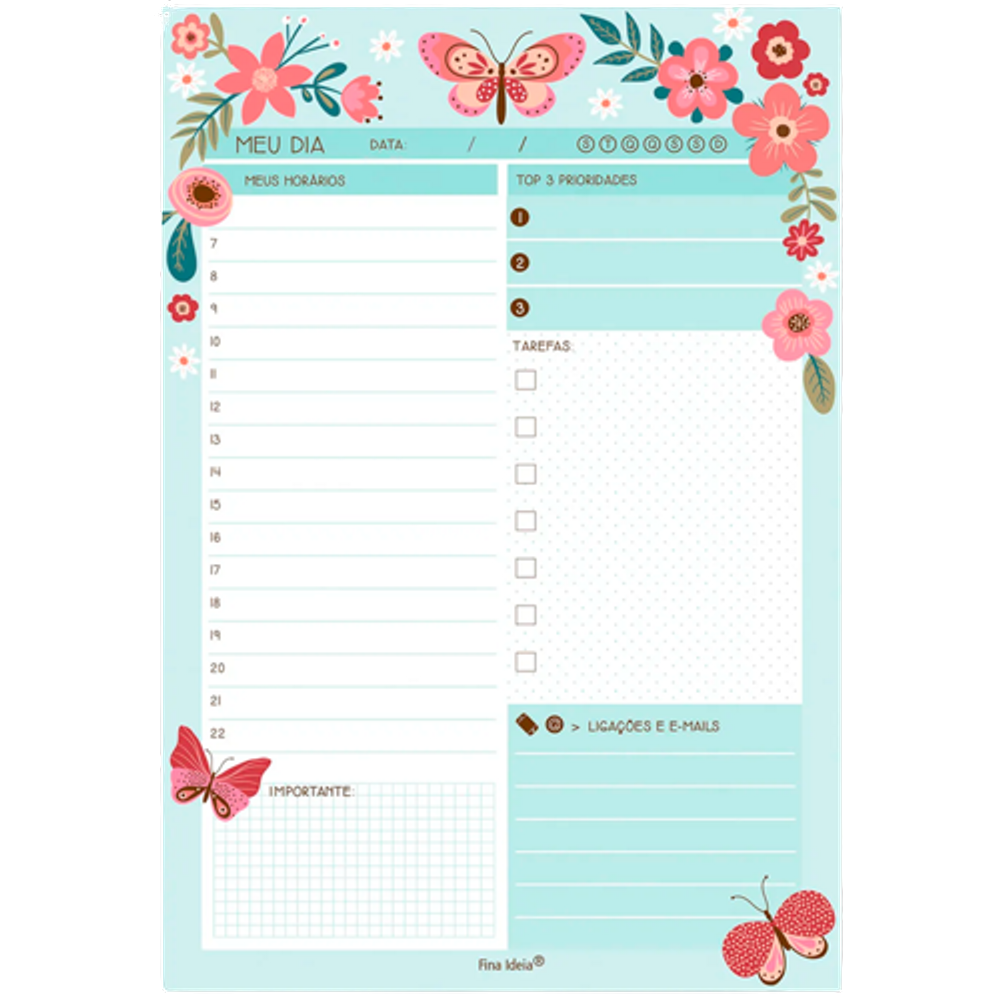 Bloco planner tarefas do Dia Fina Ideia Modelo Borboletas