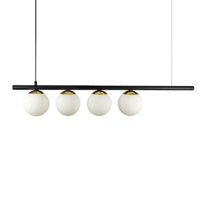 Lustre Pendente Figo PRETO DOURADO - 4 Globos de Vidro Branco
