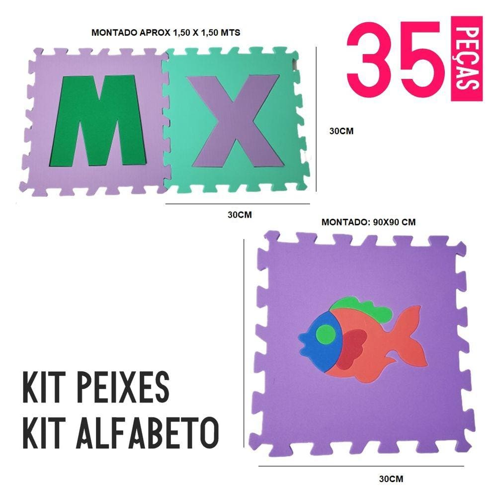 Kit Tapete EVA Alfabeto + Peixes 35 peças 30x30 cm