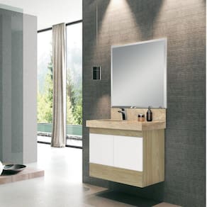 Conjunto para Banheiro com Espelho, Gabinete, Lavatório em Porcelanato com Cuba Esculpida 80cm Bumi Branco/Wood/Travertino