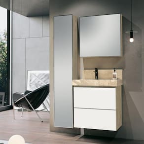 Conjunto para Banheiro com Espelheira, Gabinete, Lavatório com Cuba Esculpida, Armário Vertical Bumi Branco/Wood/Travertino