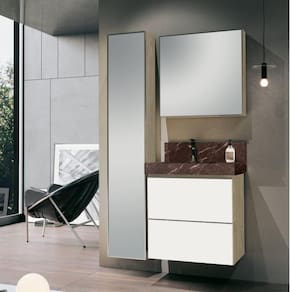 Conjunto para Banheiro com Espelheira, Gabinete, Lavatório com Cuba Esculpida, Armário Vertical Bumi Branco/Wood/Trufa