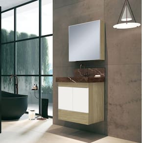 Conjunto para Banheiro com Espelheira, Gabinete, Lavatório em Porcelanato com Cuba Esculpida Bumi Branco/Wood/Trufa