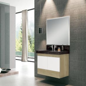 Conjunto para Banheiro com Espelho, Gabinete, Lavatório em Porcelanato com Cuba Esculpida 80cm Bumi Wood/Branco/Preto